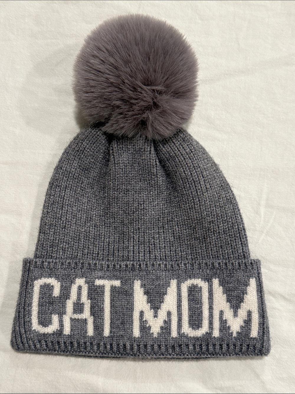 Cat Mom Pom Pom Knit Beanie Warm Winter Hat for Cat Lovers in Light Gray - OS